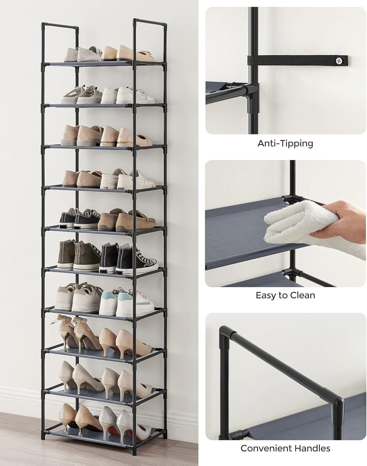 Shoe Rack, 10-Tier Shoe Shelf, Shoe Storage Organizer, 11 X 17.7 X 68 Inches, Metal Frame, Non-Woven Fabric Shelves, for Entryway, Bedroom, Gray ULSH010G01
