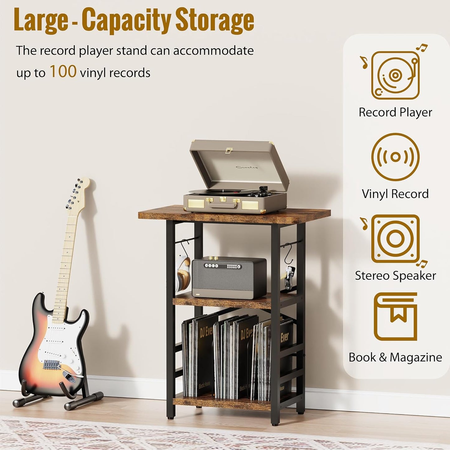 Record Player Stand with Extended Desktop,Large Record Player Table with Vinyl Storage,Turntable Stand with Record Holder Vinyls Display Shelf for Music Room Studio,Retro