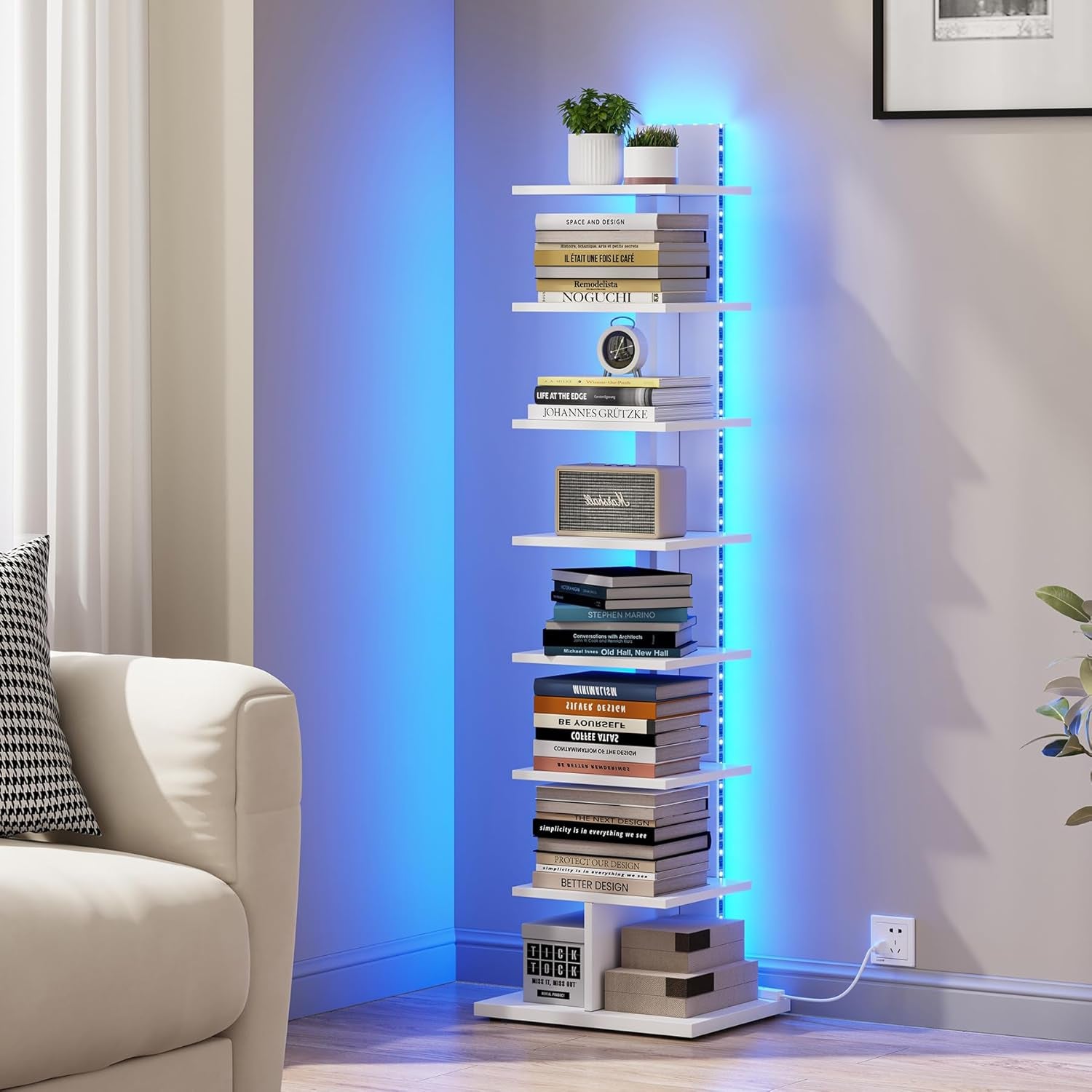 Narrow Bookshelf, 8-Tier Bookcase with LED Lights, Spine Book Shelf for Small Space, Corner Standing Shelf for Living Room, Office, Study, Entryway, White BS06BW008L
