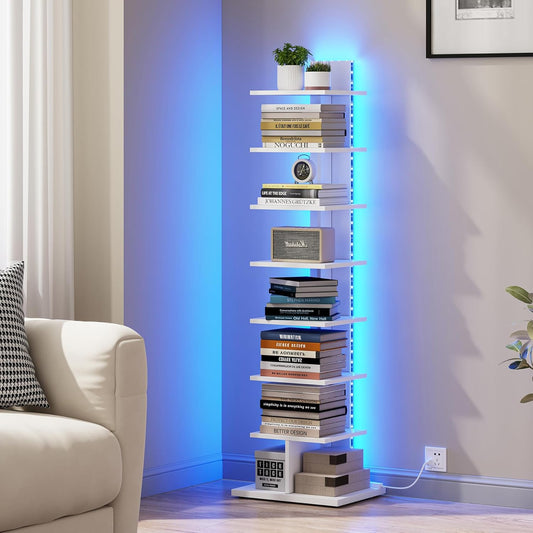 Narrow Bookshelf, 8-Tier Bookcase with LED Lights, Spine Book Shelf for Small Space, Corner Standing Shelf for Living Room, Office, Study, Entryway, White BS06BW008L