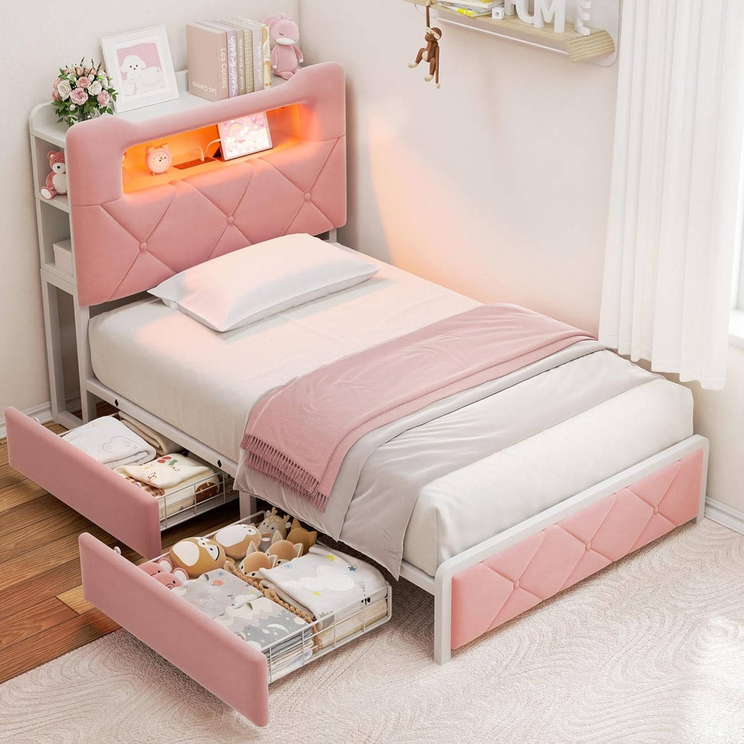 Twin Upholstered LED Bed Frame with 2 Storage Drawers and 2-Tier Storage Bookcase Headboard, Velvet Princess Platform Bed for Kids/Girls/Boys, Corner Bed Frame, Heavy Duty Metal Support, Pink