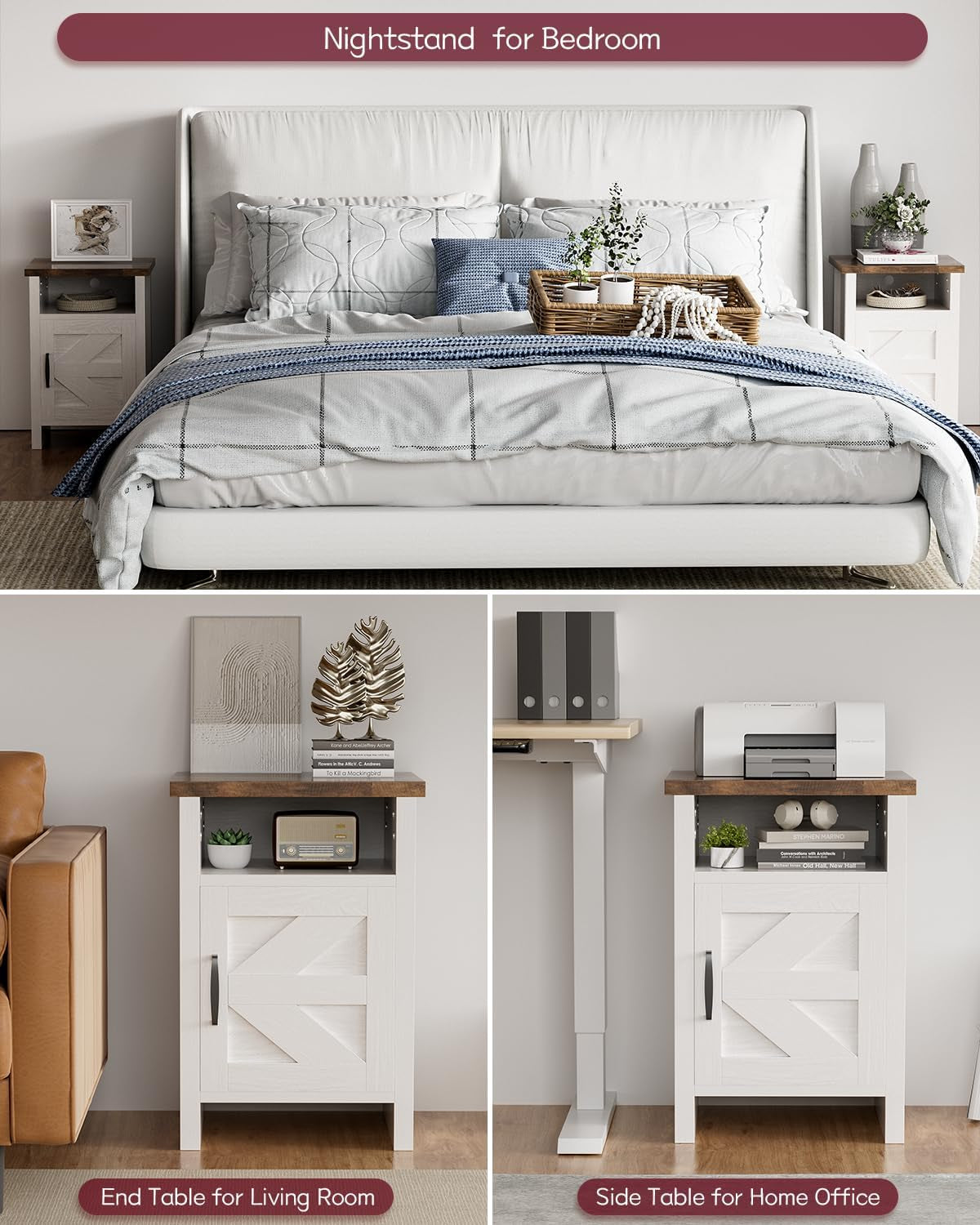 Farmhouse Modern Nightstand with Shelf and Barn Door, Set of 2 for Bedroom, White