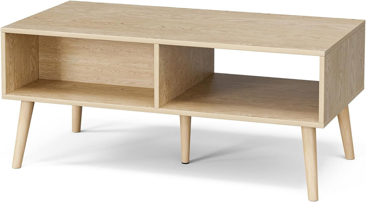 Oak boho coffee table with rattan drawer and solid wood legs, view 7