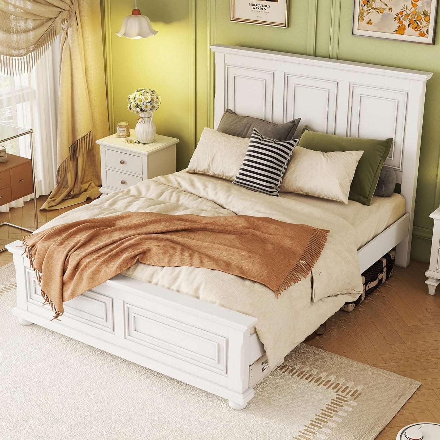 Wood Queen Bed Frame with Tall Headboard and Footboard, Rustic Queen Panel Bed with under Bed Storage, Farmhouse Style, Noise-Free, No Box Spring Needed, White