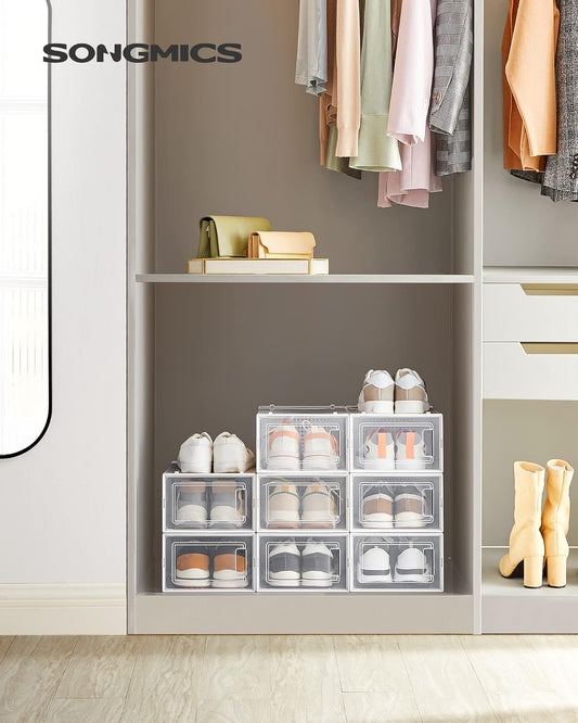 - Shoe Boxes - Pack of 8 Foldable and Stackable Shoe Bins/Organizers, up to Size 44, Clear and White, LSP08SWT