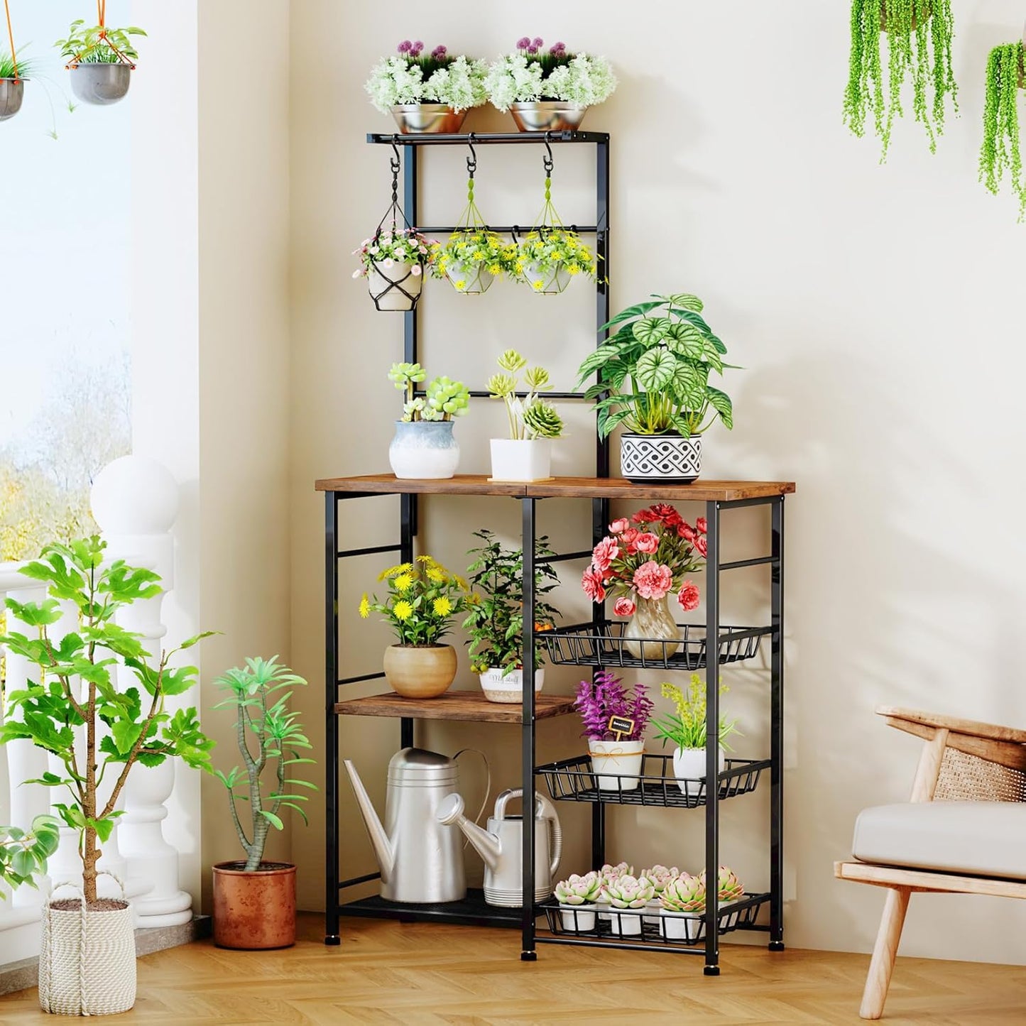 Bakers Rack with Storage - Coffee Bar Cabinet with Shelves, Coffee Station Organizer and Kitchen Stand with 8 Hooks, Baskets, Adjustable Feet for Kitchen Dining Room Pantry, Espresso