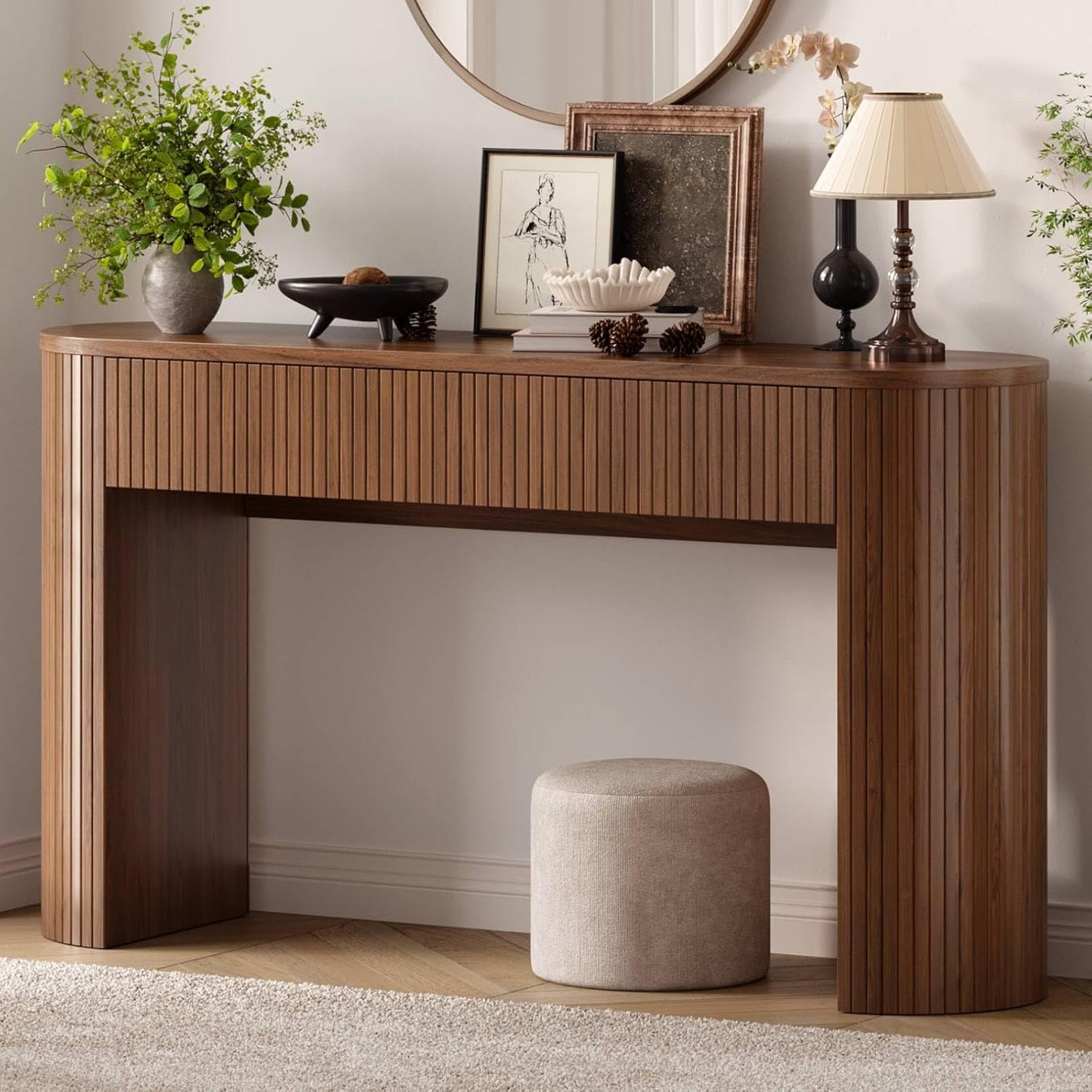 55 Inch Console Table with 2 Drawers, Fluted Entryway Tables with Storage, Sofa Table behind the Couch, Hallway Tables, Mid-Century Modern Foyer Table for Entryway, Hallway, Living Room, Black