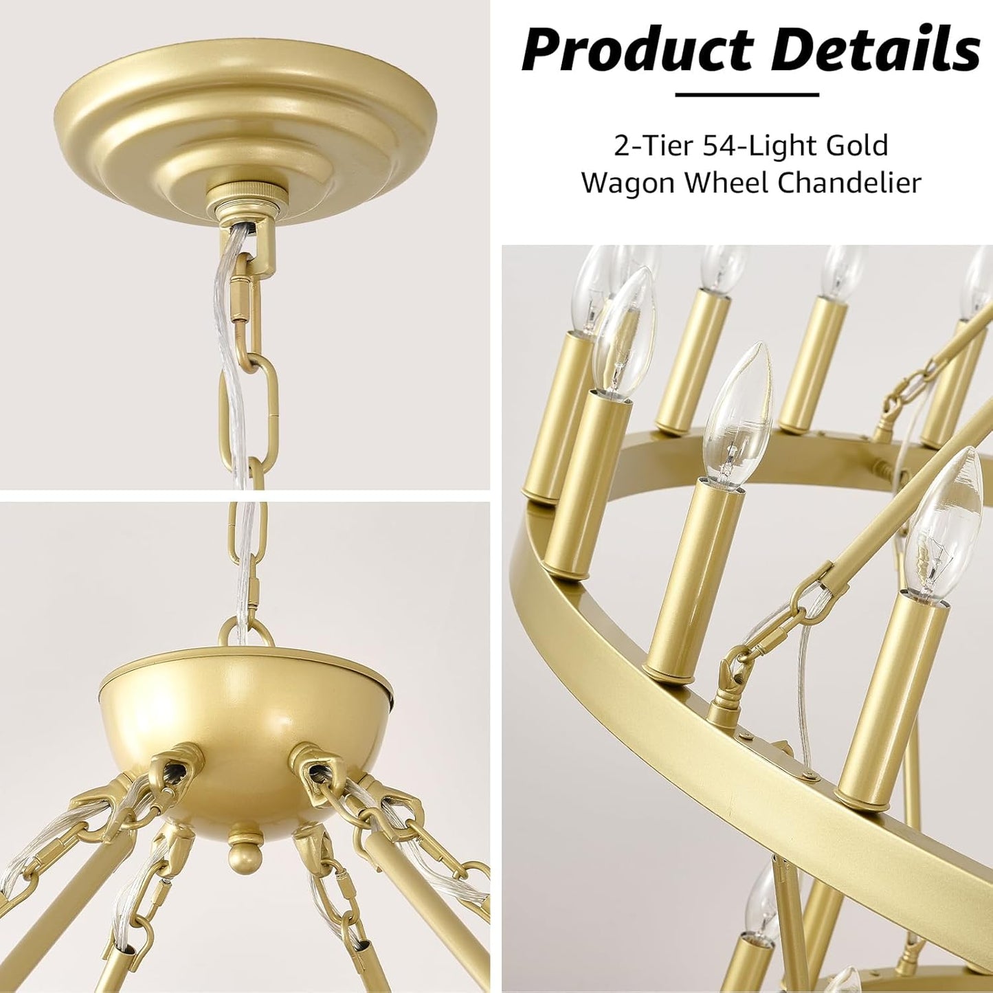 2 Tier Gold Wagon Wheel Chandelier 54-Light, 60 Inch Modern Large Foyer Lighting, Farmhouse Industrial Satin Gold Chandeliers for High Ceilings Dining Room Living Room Foyer Hall