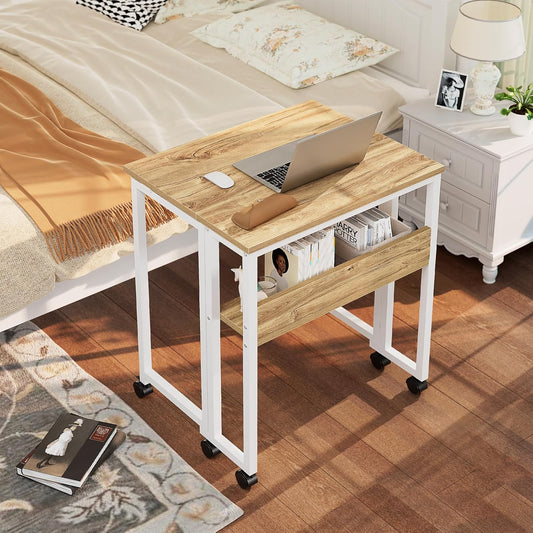 Folding Desk Small Rolling Desk with Storage Shelf,24.8 Inch Foldable Computer Desk with Wheels for Small Space,Easy Assembly,Oak