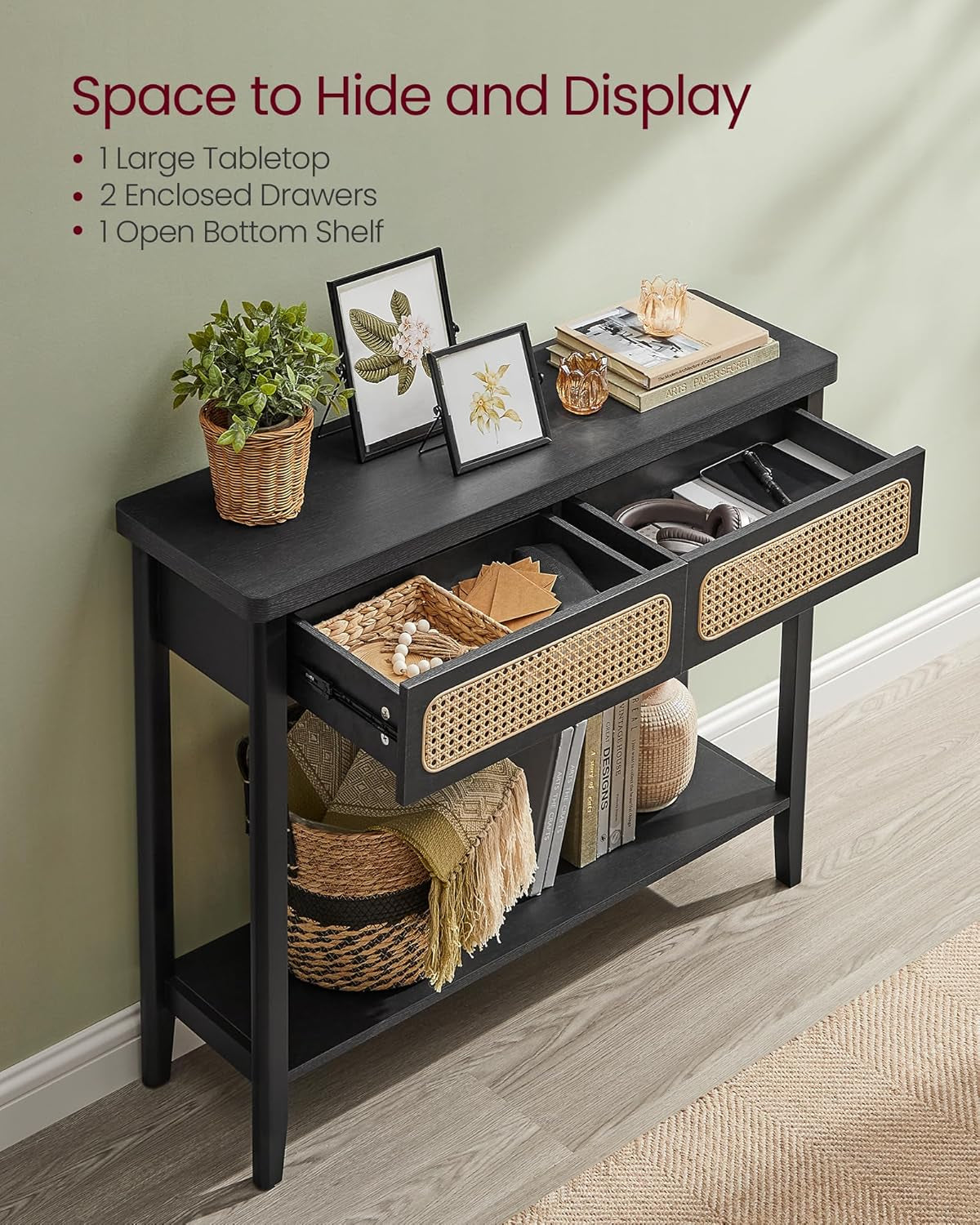 Console Table, Sofa Table, Narrow Entryway Table with 2 Drawers, Open Storage Shelf, Rounded Corners, for Living Room, Boho Style, Ash Black ULNT016B21