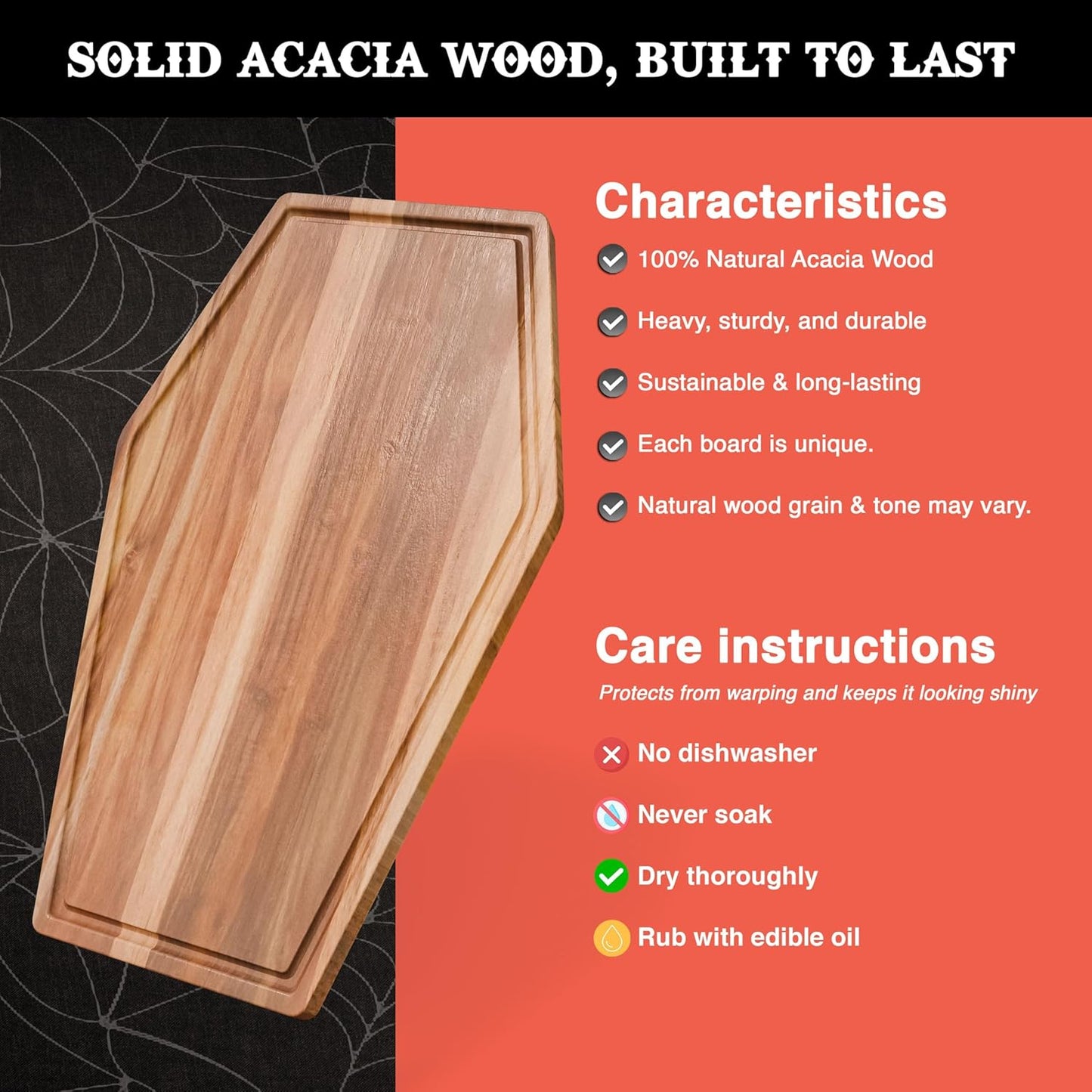 New - Large Coffin Charcuterie Board - Gothic Acacia Wood Coffin Shaped Cutting Board 17X10.5Inch, Halloween Wooden Serving Tray, Goth Platter, Spooky Decor Gifts