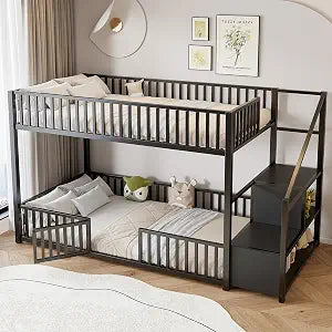 JIVOIT Twin Size Bunk Bed with Storage Ladder, Metal Low Bunk Bed, Metal Slats (Black/ 102)