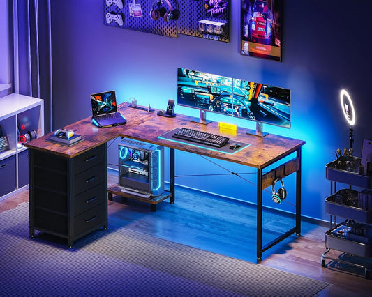 L Shaped Desk with 4 Tier Drawers, 53" Gaming Desk with Power Outlets & USB, Reversible L-Shaped Computer Desk with CPU Stand, Home Office Corner Desk with Storage, Easy Assemble, Vintage