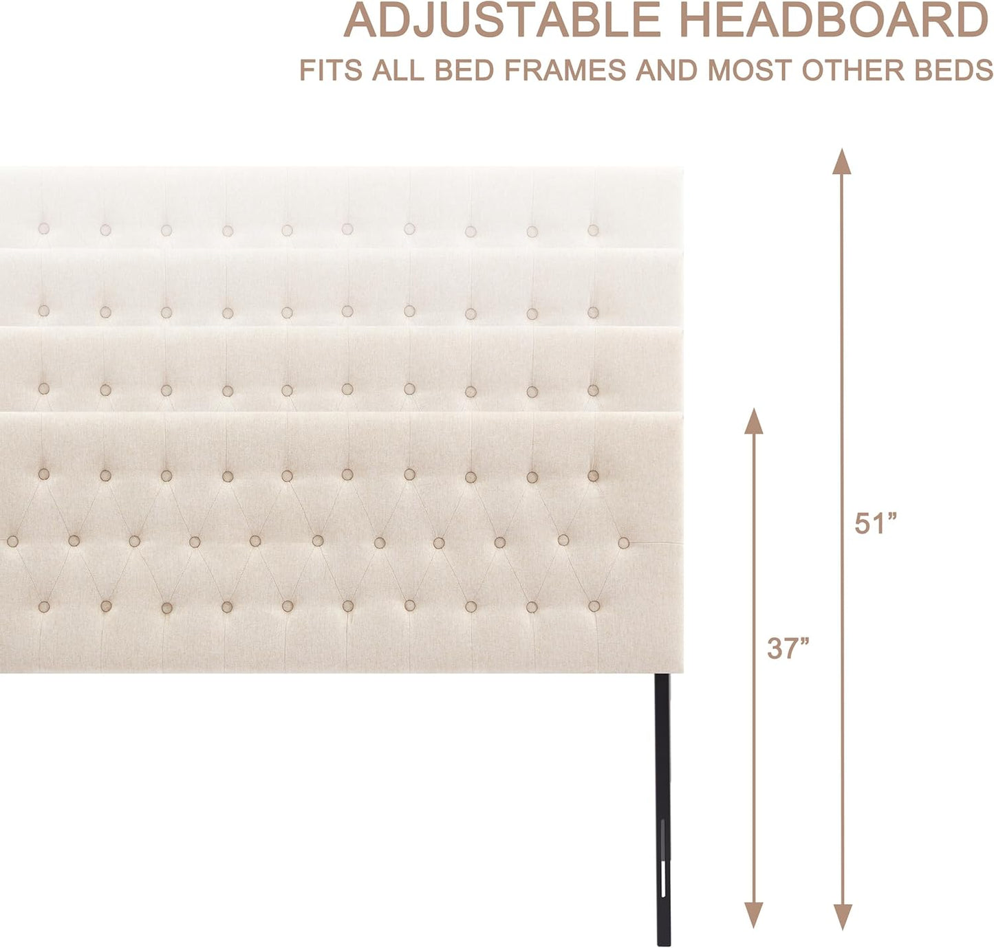 Tufted Upholstered Headboard Queen Size, Solid Wood Head Board with Durable Metal Legs, Adjustable Height Bed Headboard from 37” to 51” Fabric Headboard in Modern Button Design, Beige