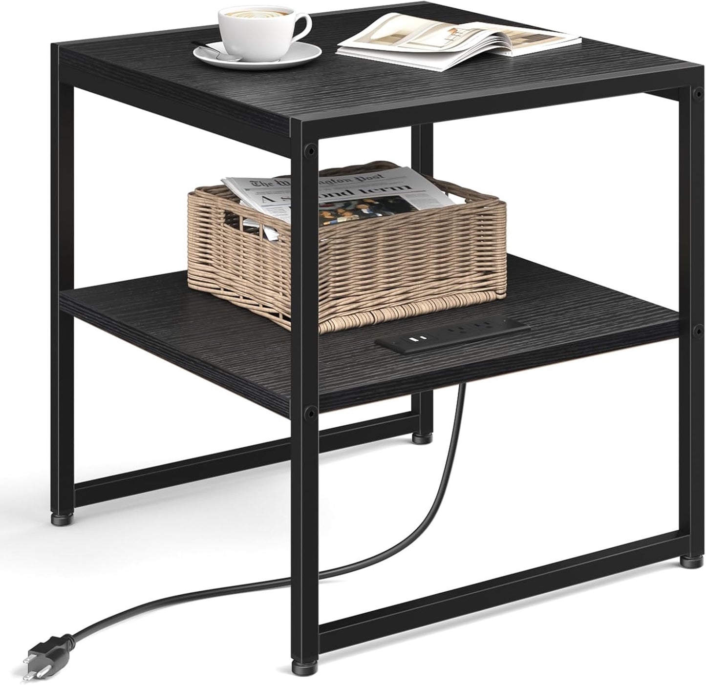 20" End Table with Charging Station, Industrial Square Side Table with USB Ports & Outlets, Versatile 2-Tier Small Nightstand for Bedroom Living Room, Black
