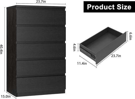 Black 5 Drawer Dresser for Bedroom, 15" D X 23.7" W X 40.4" H in Simply Chest of Drawers, Wood Storage Dresser with Drawers for Living Room Hallway Entryway, Black