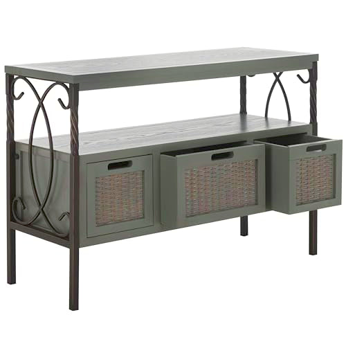 SAFAVIEH Home Collection – Joshua Ash Grey 3-Drawer Console Table with Shelf, Wicker Front Storage Drawers, Farmhouse-Inspired Accent Console for Entryway or Living Room (AMH6532B)