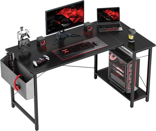 Small Computer Desk with Power Outlets, 40 Inch L Shaped Desk with CPU Stand & Reversible Shelves, Gaming Corner Desk Study Writing Table for Home Office Bedroom, White