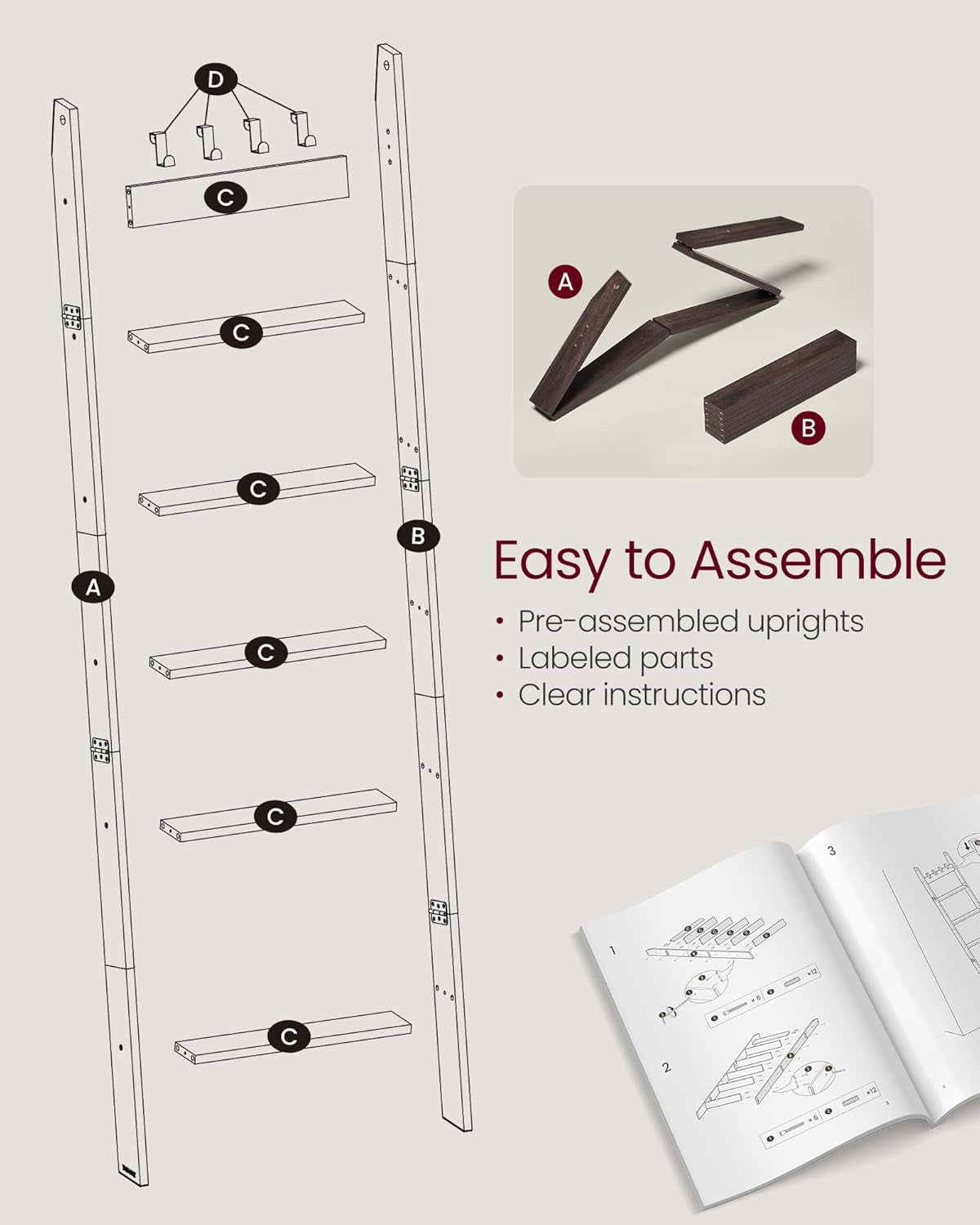Blanket Ladder Shelf, 6-Tier Ladder Rack for Storage and Decor with 4 Removable Hooks, Decorative Farmhouse for the Living Room, Maroon Brown ULLS038K01