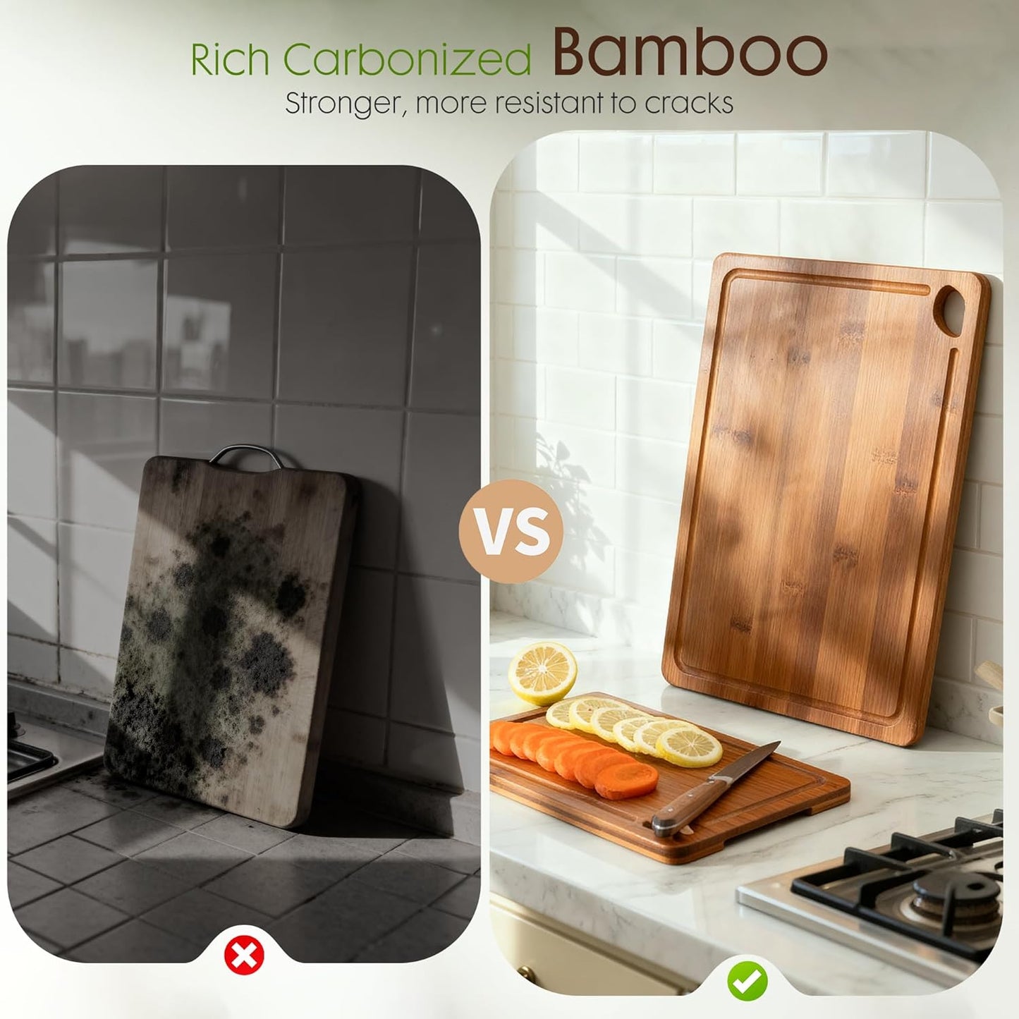 Deep-Carbonized Bamboo Cutting Boards for Kitchen with Wood Storage Stand, Reversible Charcuterie & Chopping Boards with Juice Grooves and Easy-Grip Handles, Knife-Friendly, Kitchen Gift