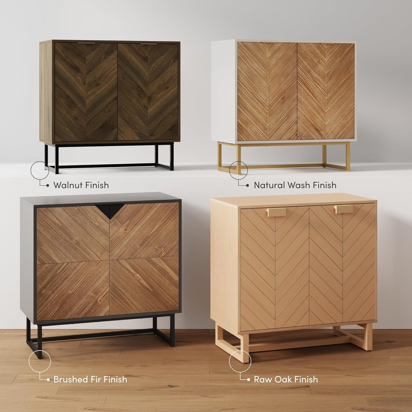 Enloe Modern Storage Free Standing Accent Cabinet White with Doors in a Rustic Pine Wood Finish and Gold Powder-Coated Metal Base for Hallway, Entryway or Living Room, Brown/White/Gold
