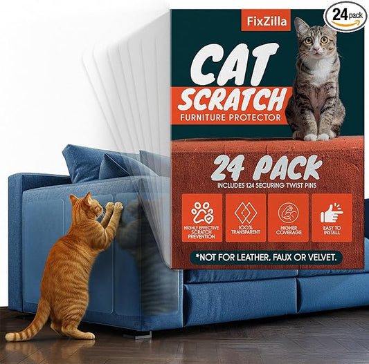 Anti Cat Scratch Furniture Protector, 24-Pack Couch Protector from Cat Claws – Heavy-Duty, Easy-to-Apply Scratching Deterrent and Shield for Sofa Corners, Walls, Doors- with 124 Twist Pins