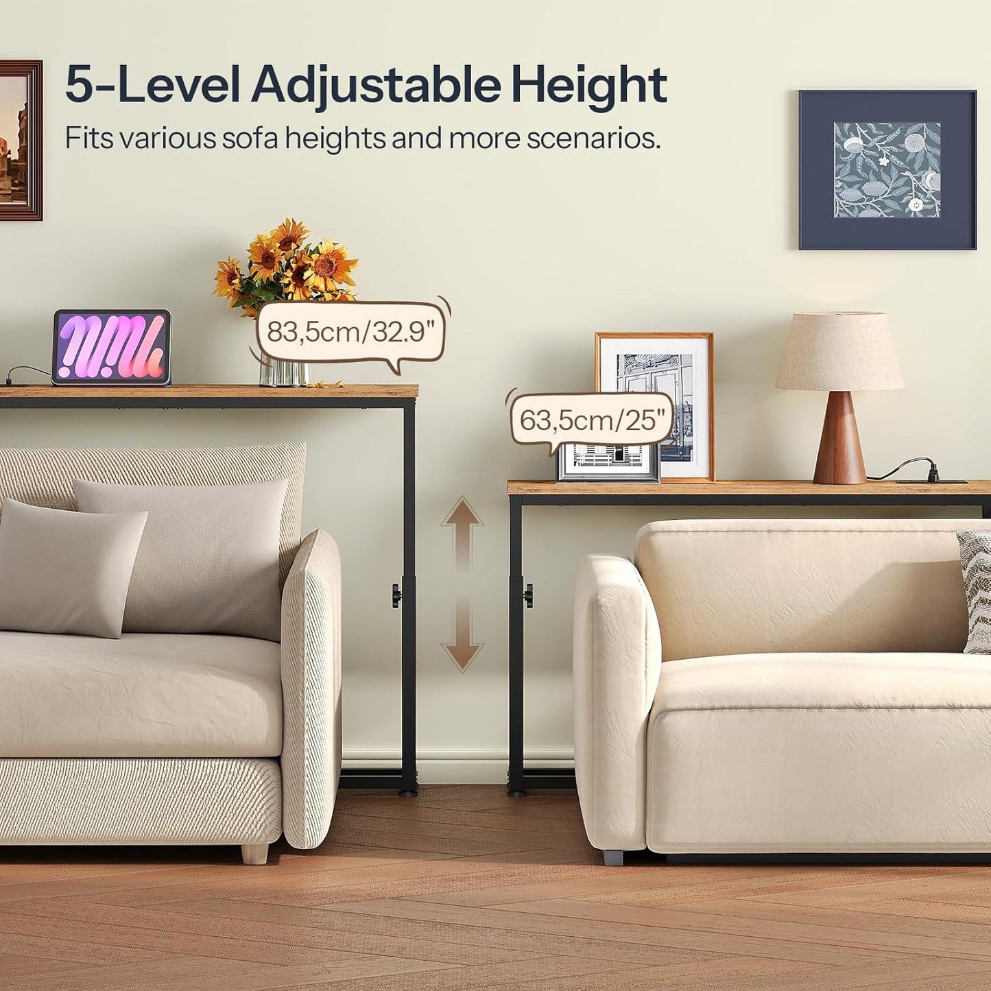Narrow Console Table Set of 2 with Adjustable Height, behind Couch Table with Charging Station, 39.4" W X 5.9" D Skinny Sofa Entryway Table, for Living Room, Hallway, Rustic Brown BF95UXGP201