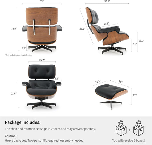 Mid Century Chaise Lounge Chair with Ottoman, Top Black Grain Leather, Modern Office Chair Classic Design, Heavy Duty Base Support for Living Room Lounge Office