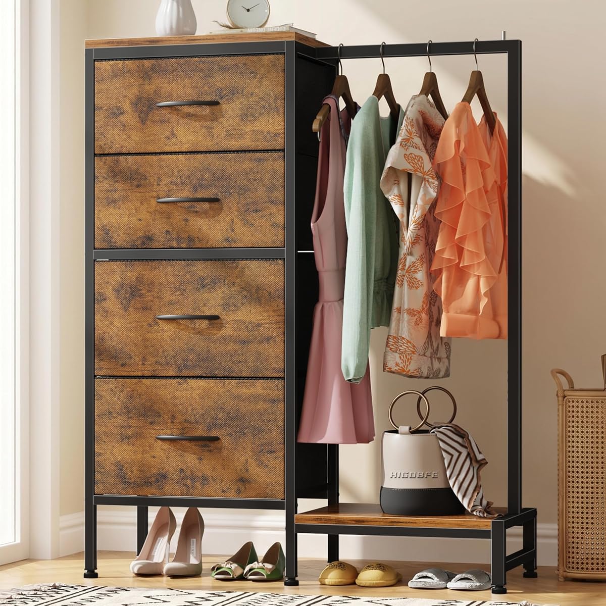 Tall Dresser 44''H with Hanging Rack, 4 Drawers Small Closet Dresser for Bedroom, Reversible Fabric Chest of Drawers with Clothes Rack, Tall Storage 
