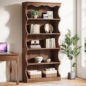 70-Inch Tall Bookcase, 5-Tier Open Bookshelf with Unique Curved-Edge Design, view 2