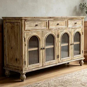 59" Farmhouse Sideboard Buffet Cabinet with 3 Drawers & 4 Glass Doors, view 2