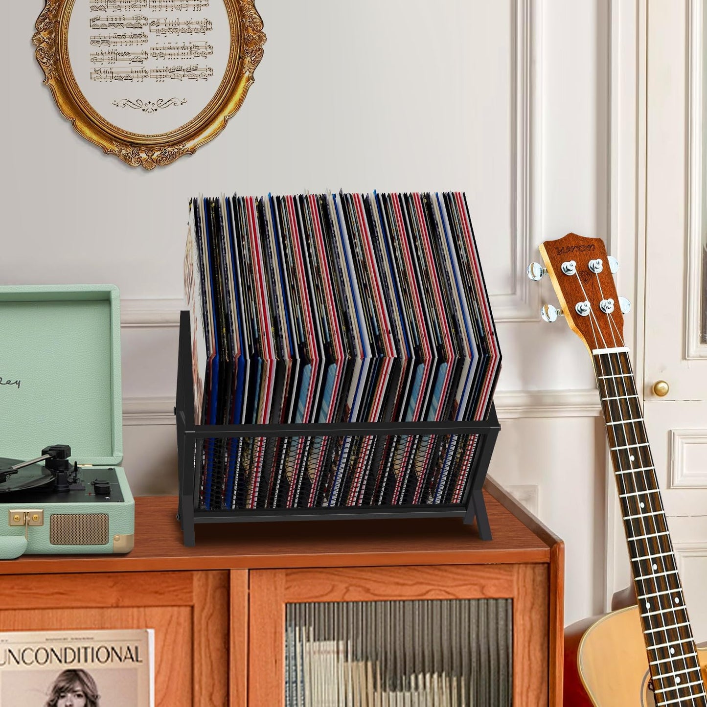 Vinyl Record Storage Holder - 80-100 LP Organizer, Metal Display Rack, Quick Assembly Album Storage for Books