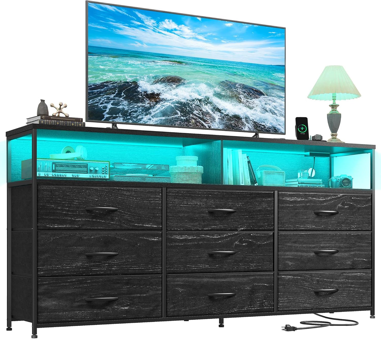 55" W White Dresser for Bedroom with 9 Drawers, LED TV Stand with Power Outlets for 45, 55, 65 Inch TV, Sturdy Long Chest of Drawers with Extra 2 Wooden Shelves, 55.1" W X 35.4" H X 11.8" D