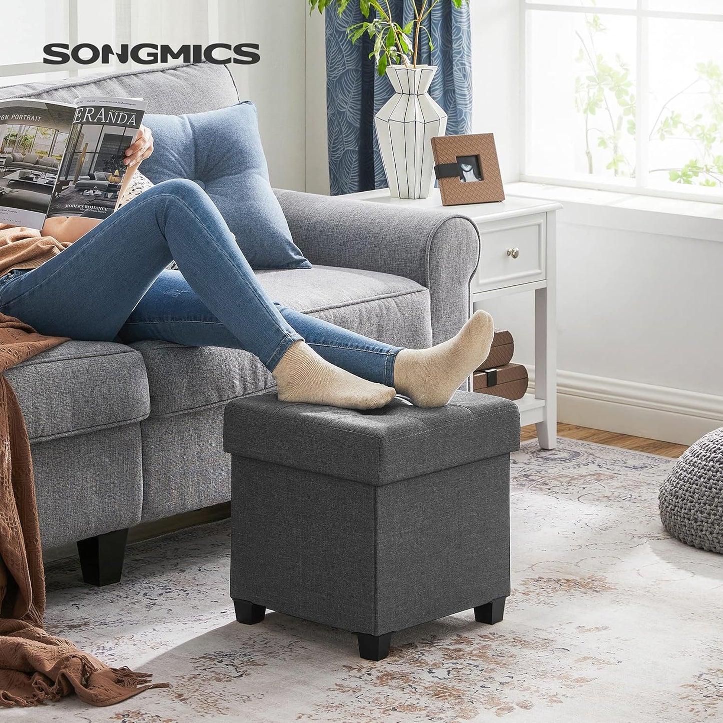 15 Inches Cube Storage Ottoman, Bedroom Bench with Storage, Foot Stool with Feet, Holds up to 660 Lb, Dark Gray ULSF14GYZ