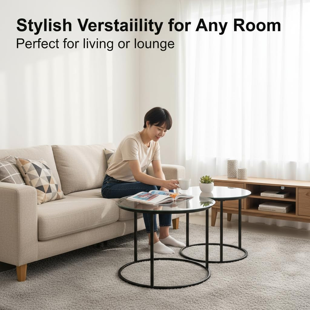 Round Nesting Coffee Table Set of 2, Modern Glass Nesting Tables, Stacking Minimalist End Table for Living Room Bedroom Small Space, Clear Tempered Glass and Black