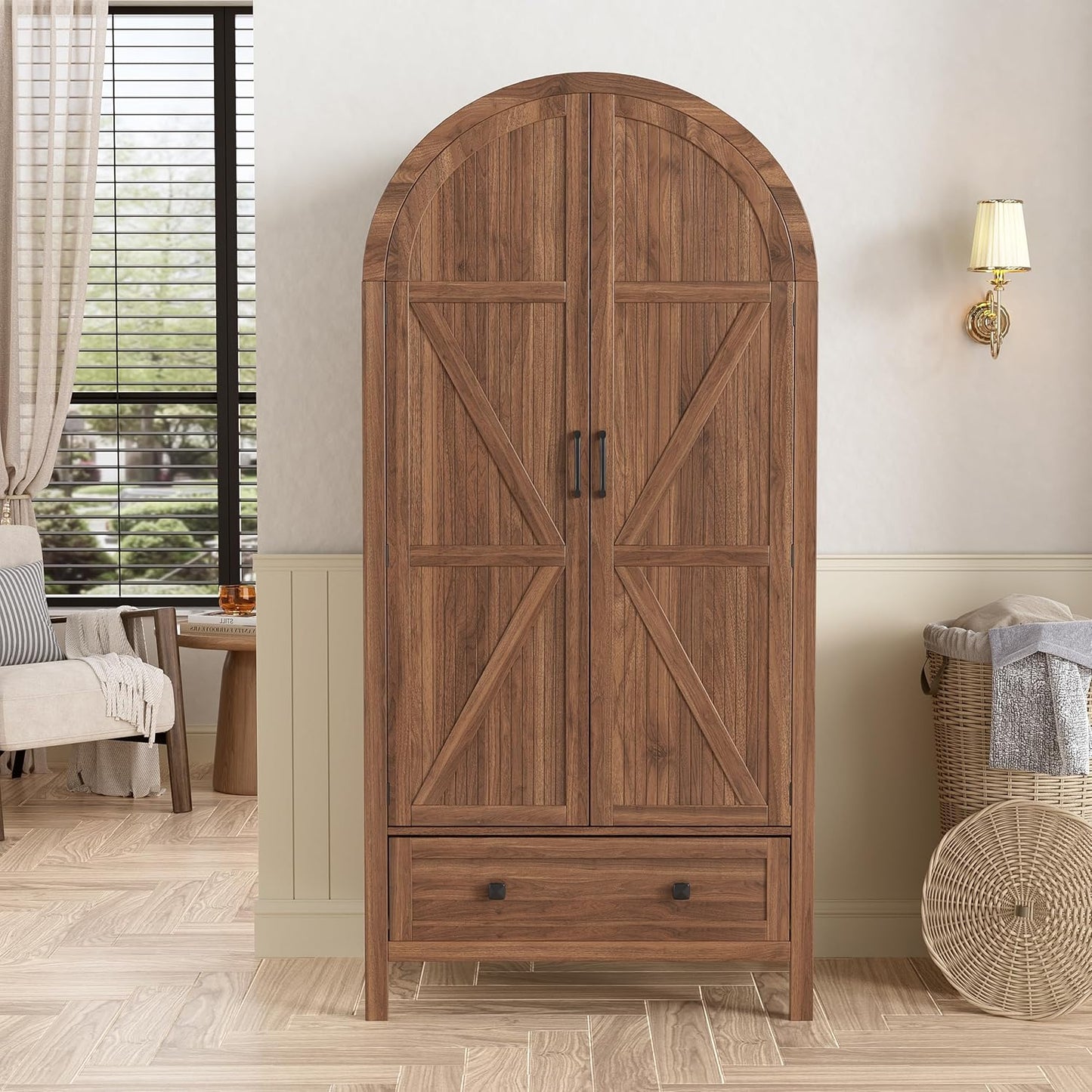 Armoire Wardrobe Closet with Drawers and 2 Arched Fluted Doors, 70.9‘’ Tall Wooden Bedroom Armoires with LED Light & Shelves and Hanging Rod(Brown)