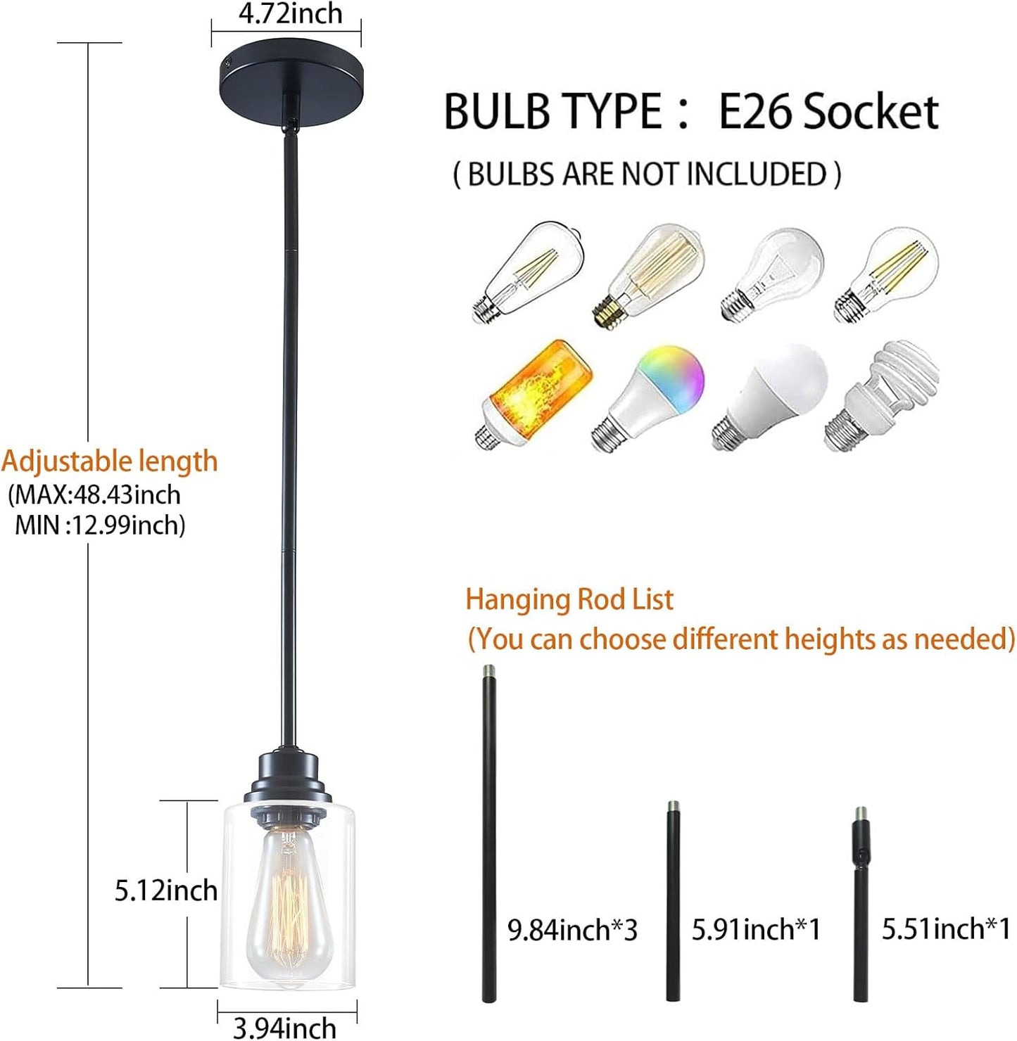 Modern Glass Pendant Lights Kitchen Island 2 Pack, Adjustable Height Black Pendant Lights - Hanging Lights for Bedroom, Dining Room, Living Room, Kitchen & Hallway