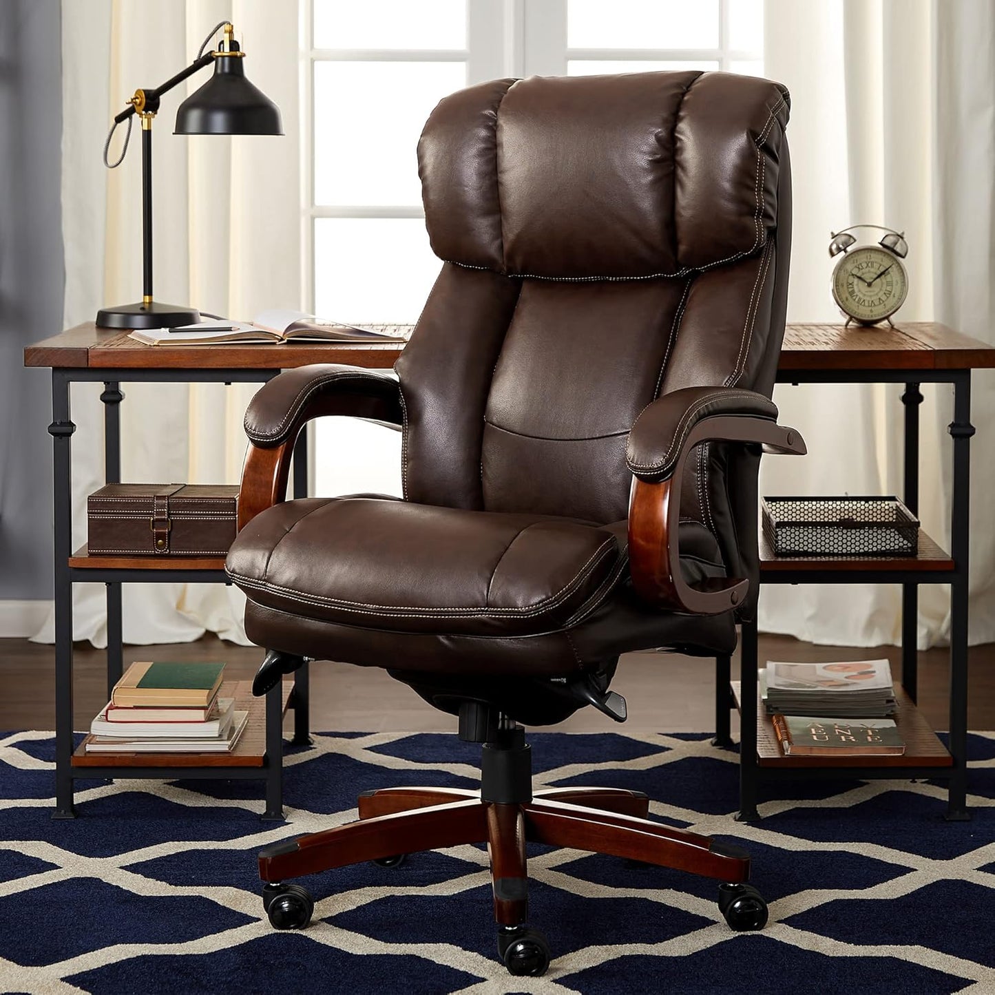 ® Fairmont Big and Tall Executive Office Chair with Memory Foam Cushions, High-Back Swivel Desk Chair with Wood Arms and Base, Bonded Leather, Brown