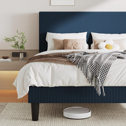 Full Size Upholstered Bed Frame with Vertical Channel Tufted Headboard, Soft Corduroy Fabric Platform Bed, Strong Wooden Slats Support, Easy Assembly, No Box Spring Needed, Dark Blue
