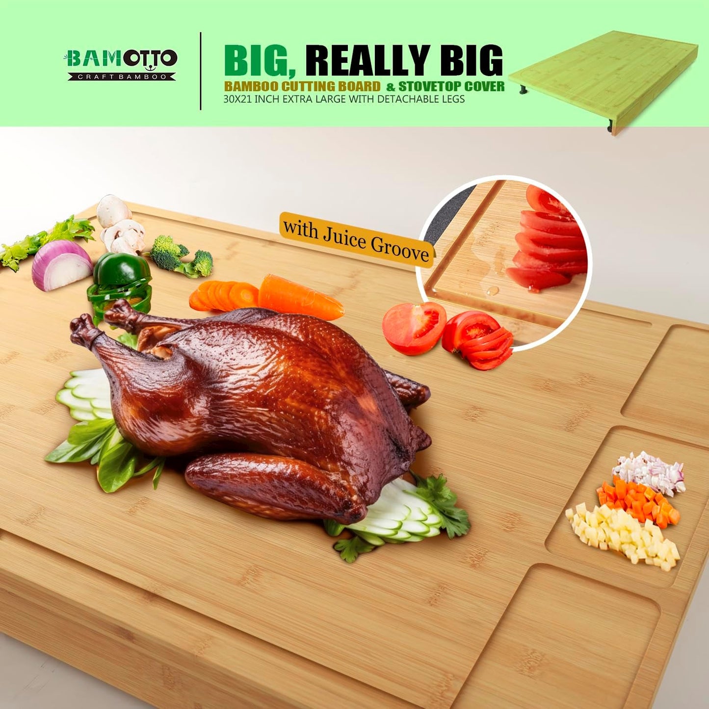 30 X 21 in Extra Large Bamboo Cutting Board and Stovetop Cover, Stove Top Cover Chopping Board with Detachable Legs and Juice Groove, Sink Cover Board, for Restaurant Kitchen Countertop