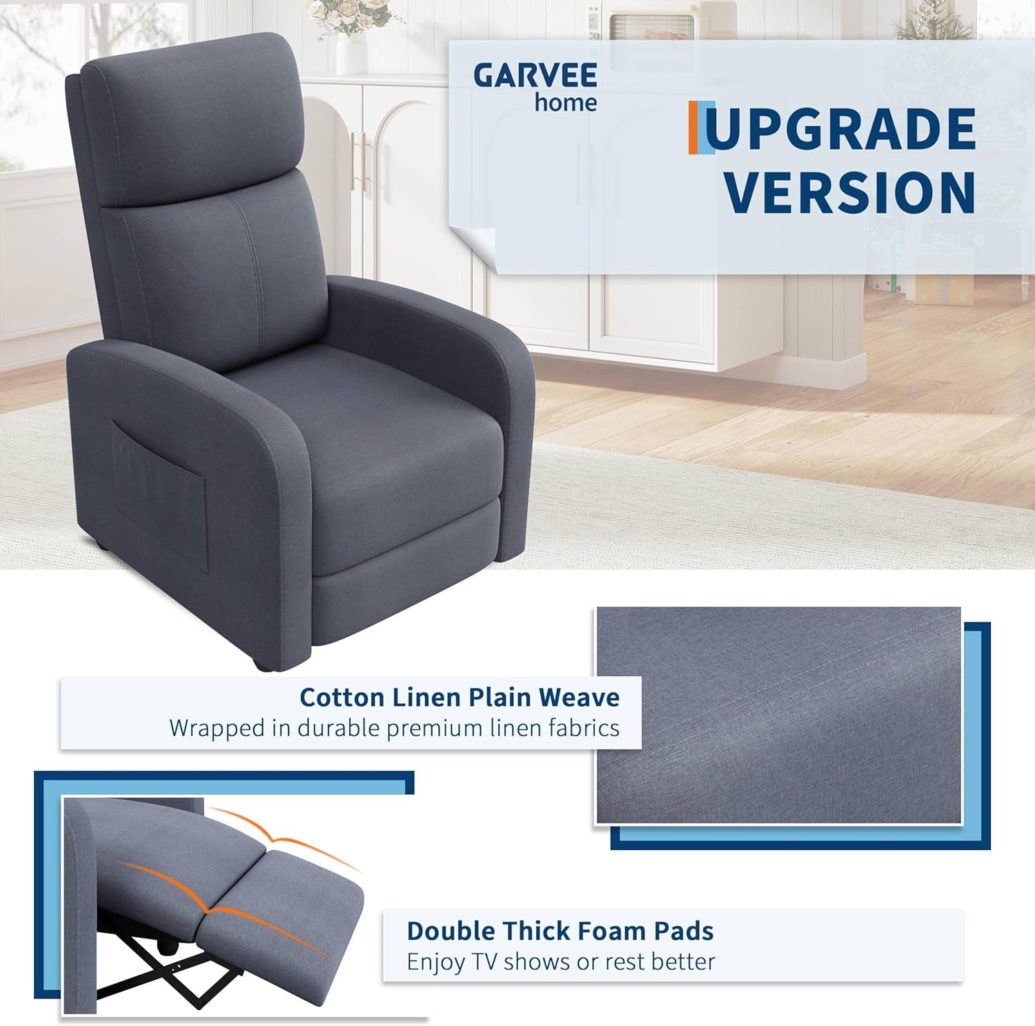 Recliner Chair for Adults, Lazy Recliner Ergonomic Adjustable Single Sofa Enhanced with Side Pocket, Tall Back, Wide Arms & Padded Seat, Home Theater Seating for Living Room