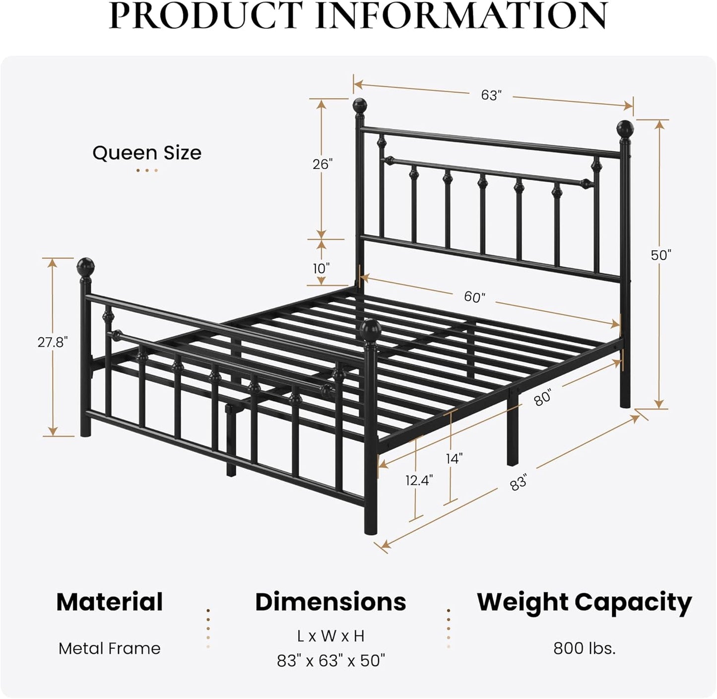 14'' Queen Size Metal Platform Bed Frame/Victorian Headboard and Footboard/Steel Slats Mattress Foundation for Storage/No Box Spring Needed/Noise Free/Black