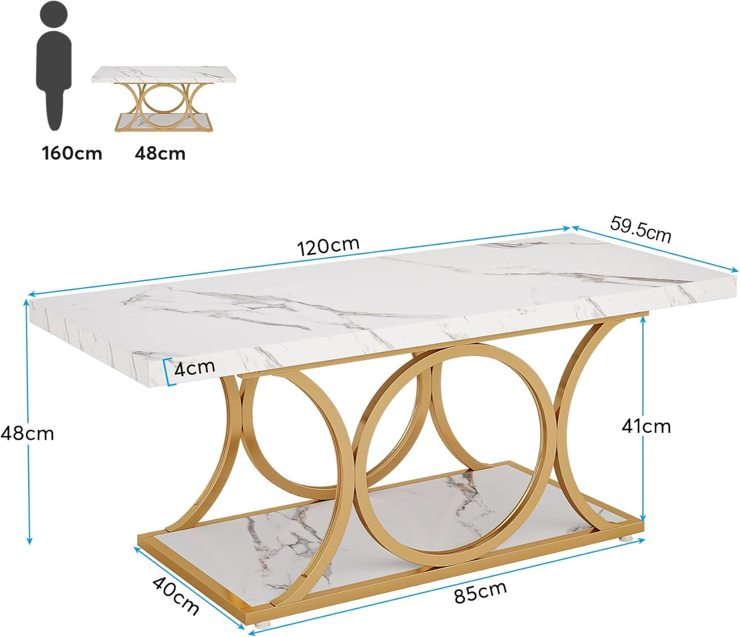Rectangle Coffee Table, 46.45-Inch Modern Coffee Tables for Living Room, 2-Tier Faux Marble Wood Coffee Table with Geometric Legs, Furniture with Storage Shelf (White & Gold)