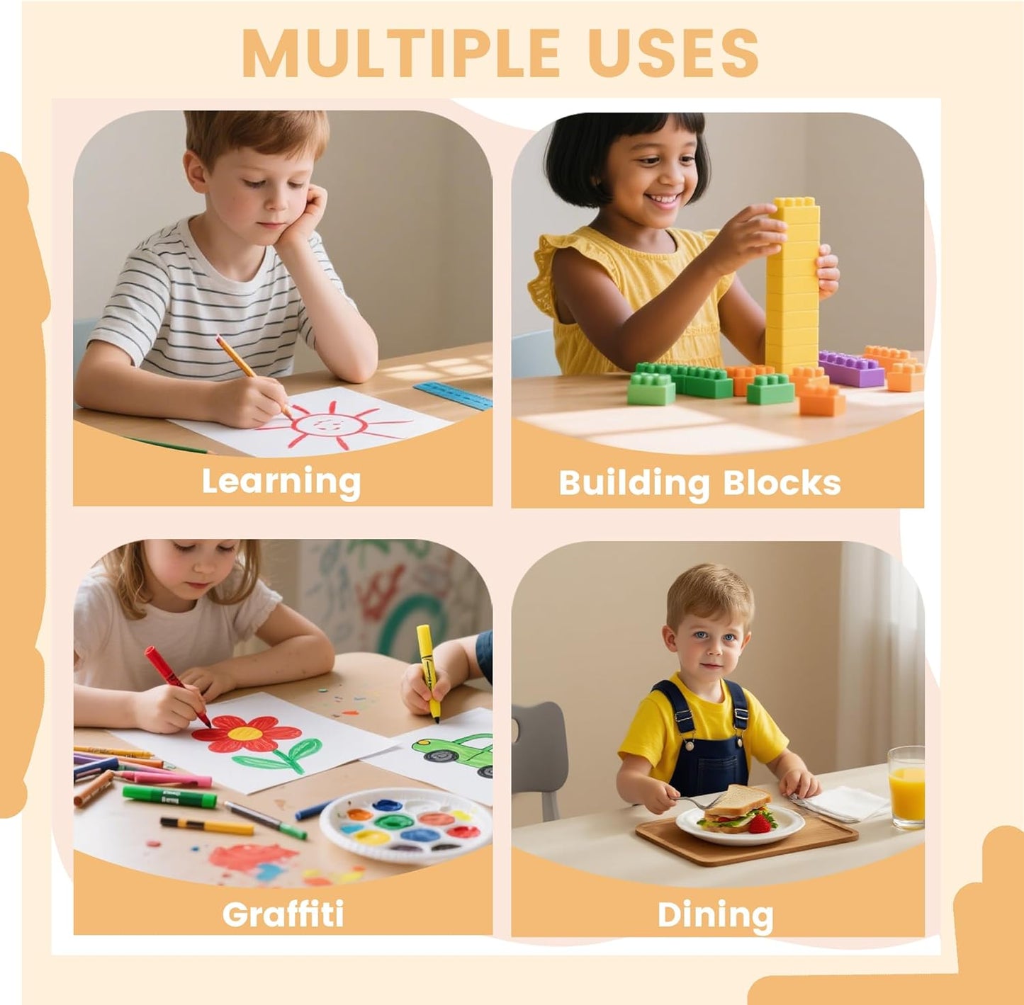 Kids Table and Chairs Set - 23.6" L X 23.6" W Height Adjustable Toddler Desk, Non-Slip Kids Chair with Graffiti Desktop for Ages 2-8, for Home Preschool Classroom Daycare, Grey