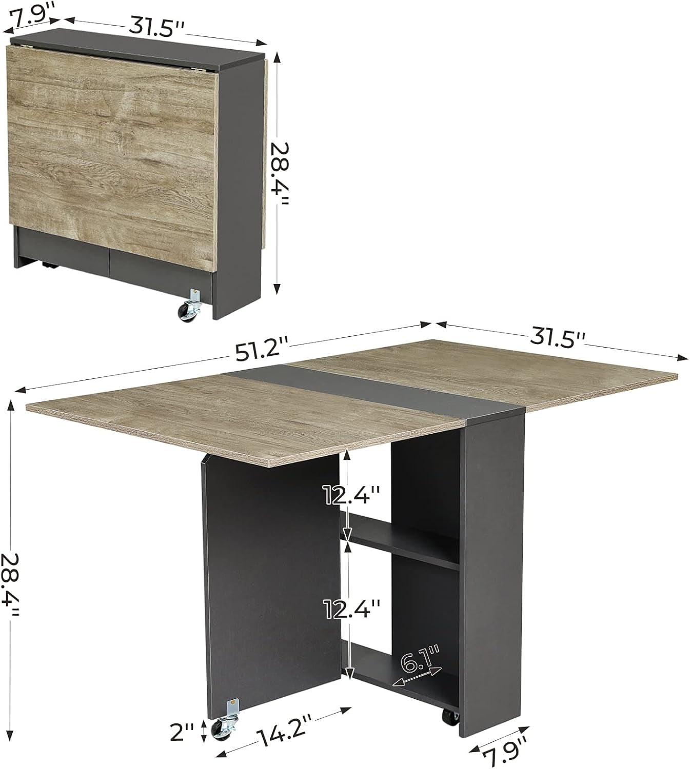 Folding Dining Table with 2 Storage Racks, Drop Leaf Table with 6 Wheels, Multifunction Expandable Table for Kitchen, Bedroom, Living Room