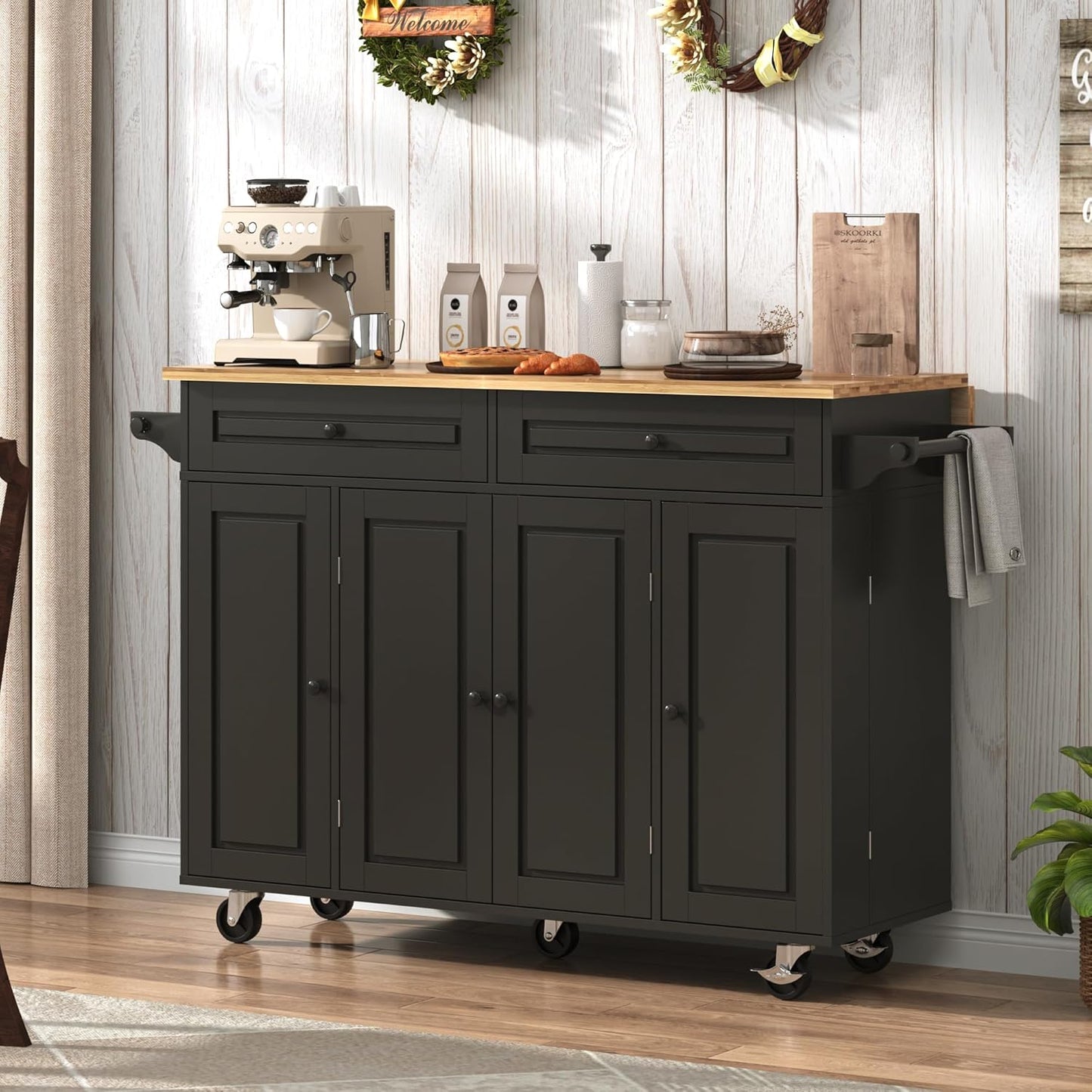 55" W Rolling Kitchen Island with Drop Leaf – Movable Kitchen Carts on Wheels Island with Storage Cabinet, Island Table for Kitchen with Rubber Wood Top and Rack and Drawer, Matte, Black
