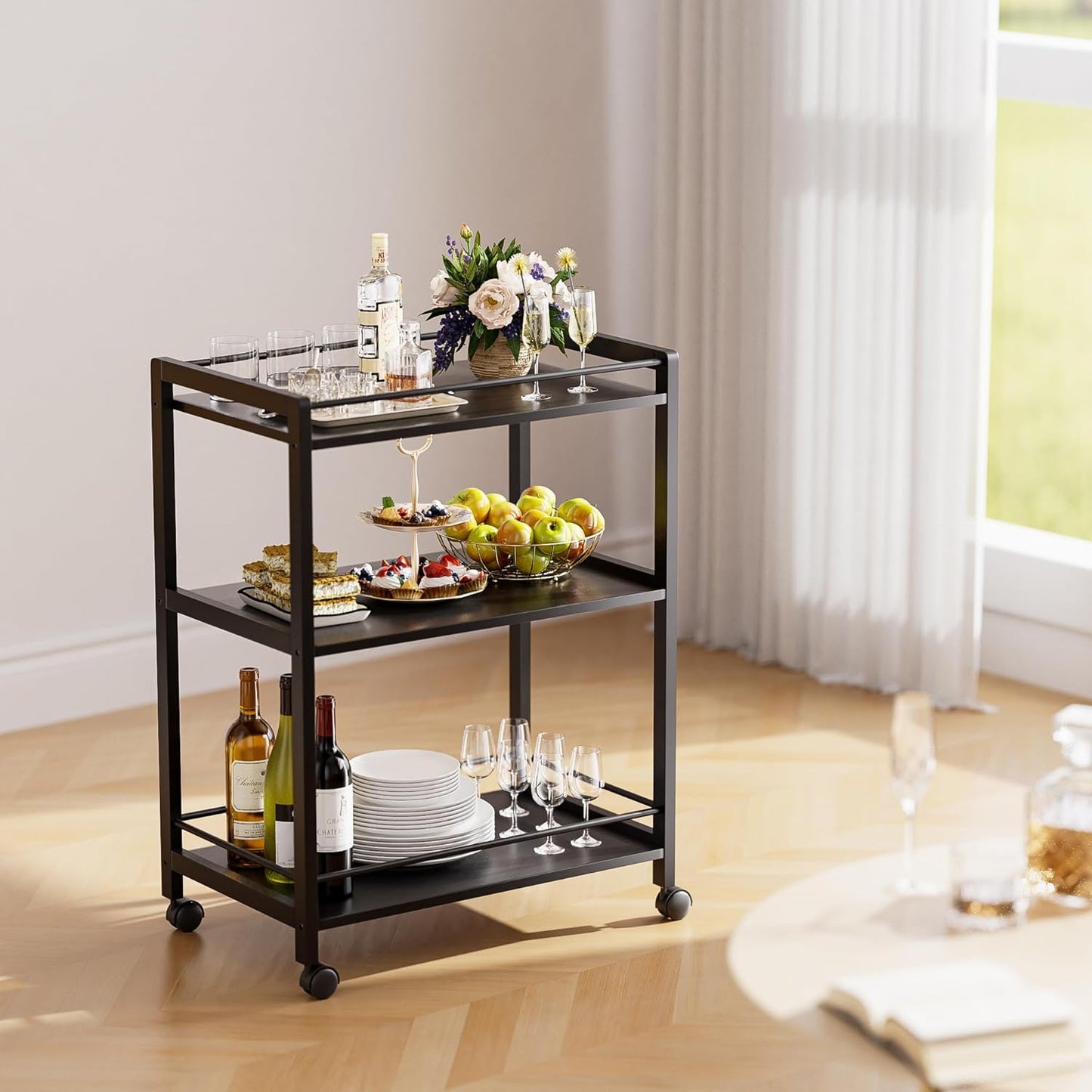 Bar Cart Black, Serving Cart for Home, 3 Tier Drinks Cart with Wheels, Rolling Beverage Cart for Kitchen Dining Living Room