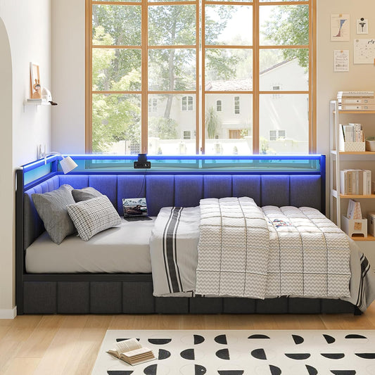 Corner Bed Frame with Storage Drawers, Twin Daybed with Line Fabric Upholstered Fence, Kids Bed Unit with LED Light and Charging Station, Modern Bed Frame