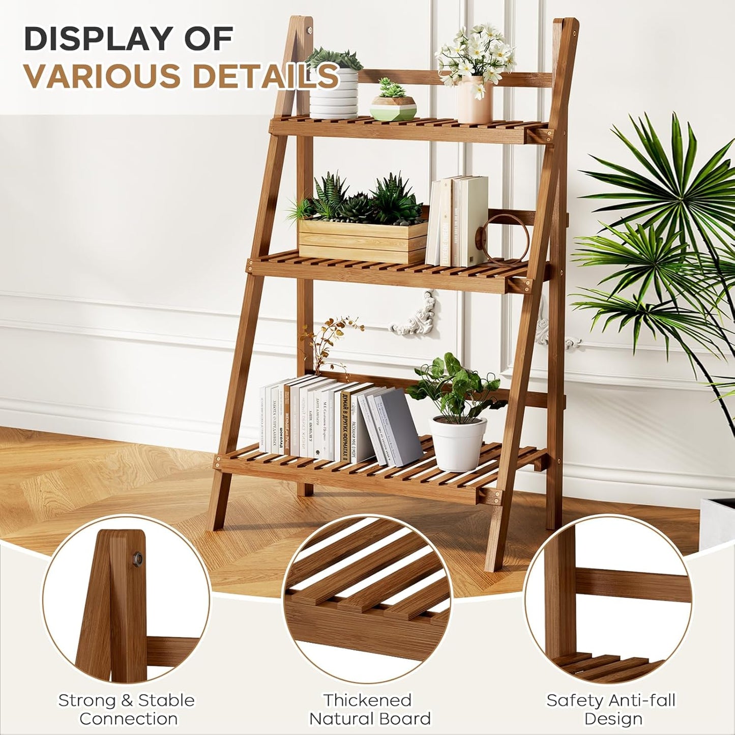 Walnut 3 tier foldable bamboo ladder plant shelf, view 9