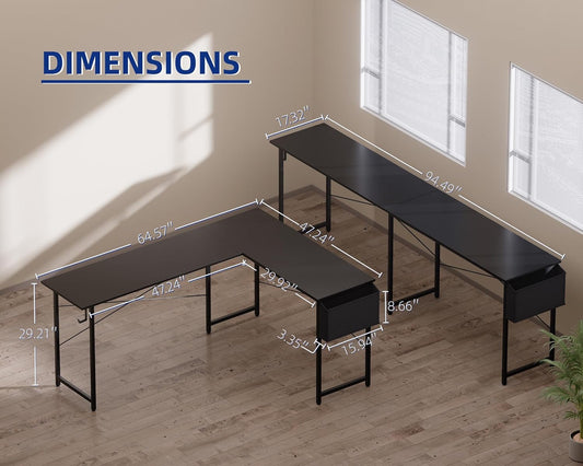 64.5 Inch Reversible L Shaped Gaming Desk Large Corner Computer Desk with Storage Bag Home Office Table for Writing Study Pink